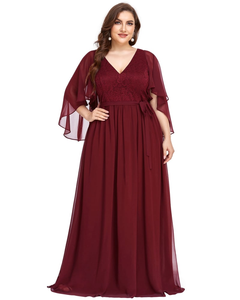 Front of a model wearing a size 26 Deep V Neck Lace Bodice Long Flowy Evening Dress in Burgundy by Ever-Pretty. | dia_product_style_image_id:304685